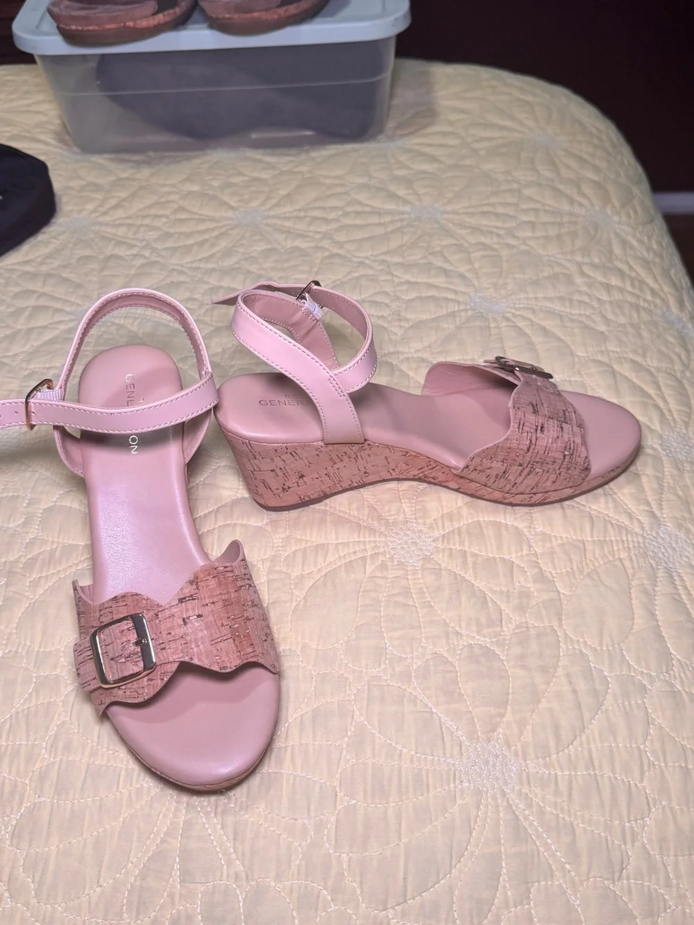 BCBGeneration Beige/Nude Cork-Accent Ankle Strap Wedges